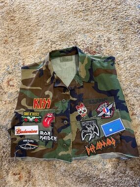 Vintage Camo Patchwork Vest with Rock Band Patches